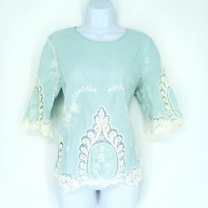 Boutique Small Light Blue Lace Bell Sleeve Button Back Blouse